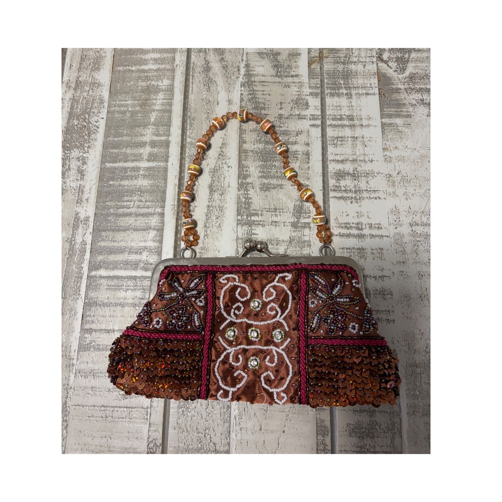 Vintage/Y2K Boho Beaded Clutch Evening Bag Brown Sequins Kiss Lock Closure